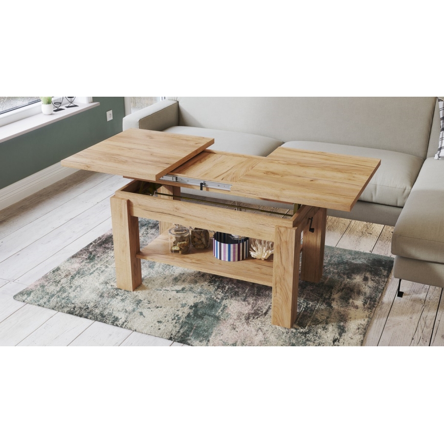Ausziehbarer Couchtisch ADONIS mit Ablage, 110/150x68 cm, Craft-Eiche