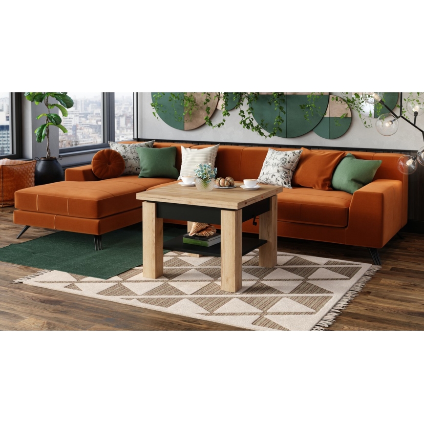 Ausziehbarer Couchtisch/Esstisch mit Hubfunktion CALEB Eiche Craft/Schwarz