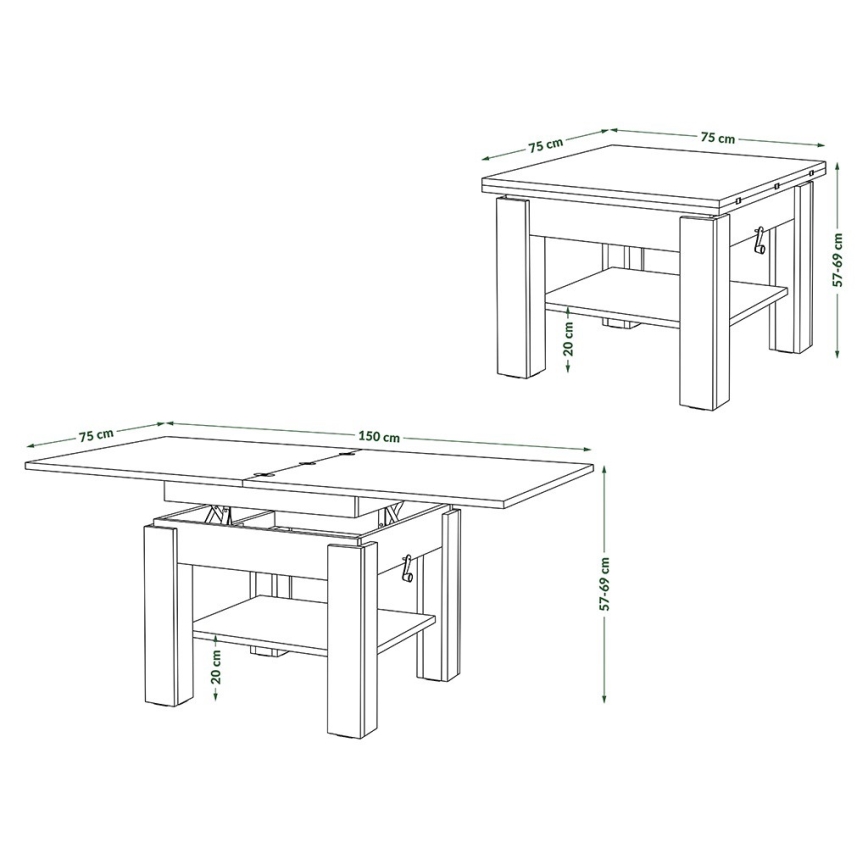 Ausziehbarer Couchtisch/Esstisch mit Hubfunktion CALEB Eiche Craft/Schwarz