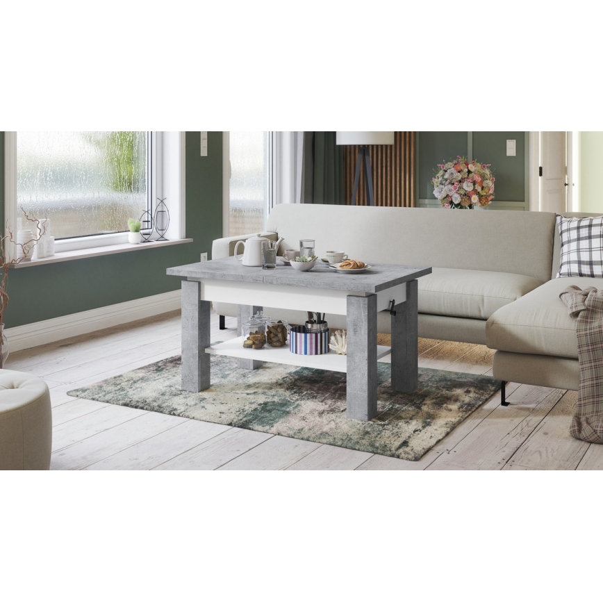 Ausziehbarer Couchtisch mit Ablage ADONIS 110/150x68 cm Beton-Grau/Weiß