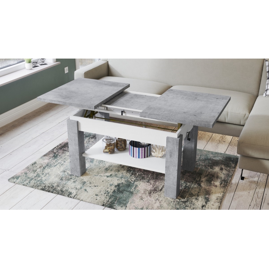 Ausziehbarer Couchtisch mit Ablage ADONIS 110/150x68 cm Beton-Grau/Weiß