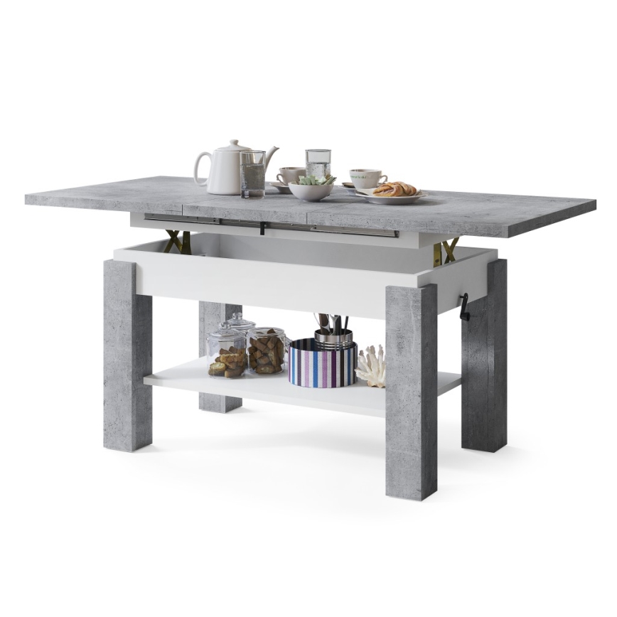 Ausziehbarer Couchtisch mit Ablage ADONIS 110/150x68 cm Beton-Grau/Weiß
