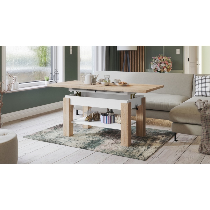 Ausziehbarer Couchtisch mit Ablage ADONIS 110/150x68 cm Sonoma-Eiche/Weiß