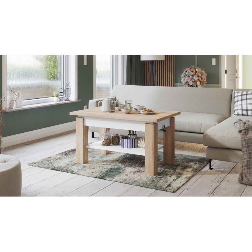 Ausziehbarer Couchtisch mit Ablage ADONIS 110/150x68 cm Sonoma-Eiche/Weiß