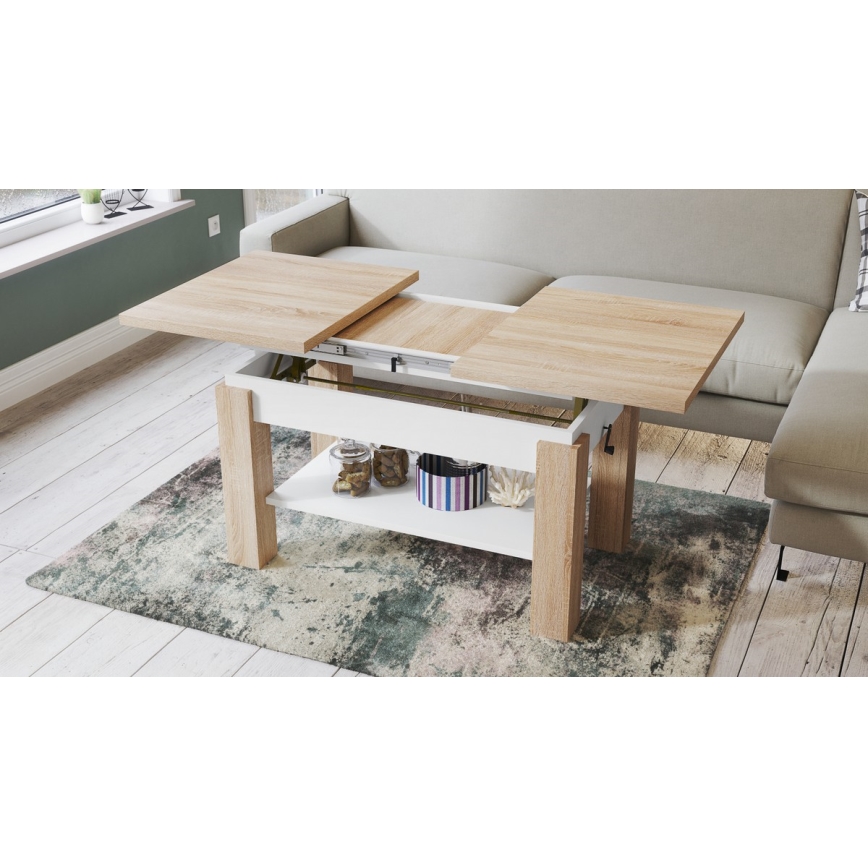 Ausziehbarer Couchtisch mit Ablage ADONIS 110/150x68 cm Sonoma-Eiche/Weiß