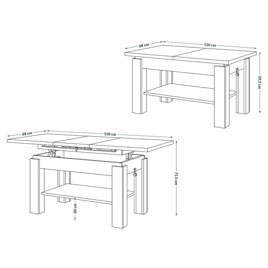 Ausziehbarer Couchtisch mit Ablage ADONIS 110/150x68 cm Sonoma-Eiche/Weiß