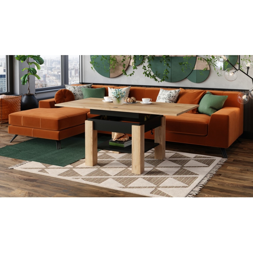 Ausziehbarer Couchtisch mit Hebefunktion CALEB 75/150x75 cm Craft-Eiche/Schwarz