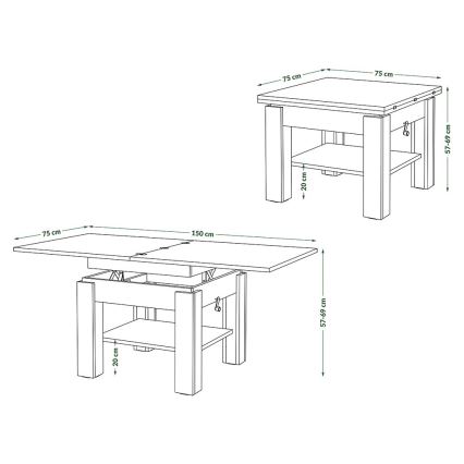 Ausziehbarer Couchtisch mit Hebefunktion CALEB 75/150x75 cm Craft-Eiche/Schwarz