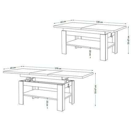 Ausziehbarer Couchtisch mit Hebefunktion ROY 130/170x65 cm schwarz/anthrazit