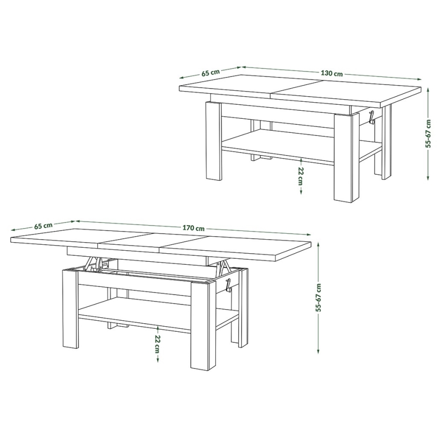 Ausziehbarer Couchtisch mit Hebefunktion ROY 130/170x65 cm schwarz/anthrazit
