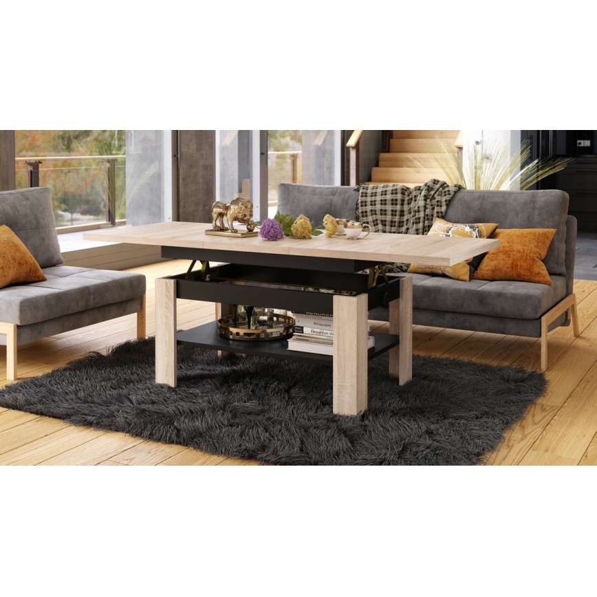 Ausziehbarer Couchtisch mit Hebefunktion ROY 130/170x65 cm Sonoma-Eiche/schwarz
