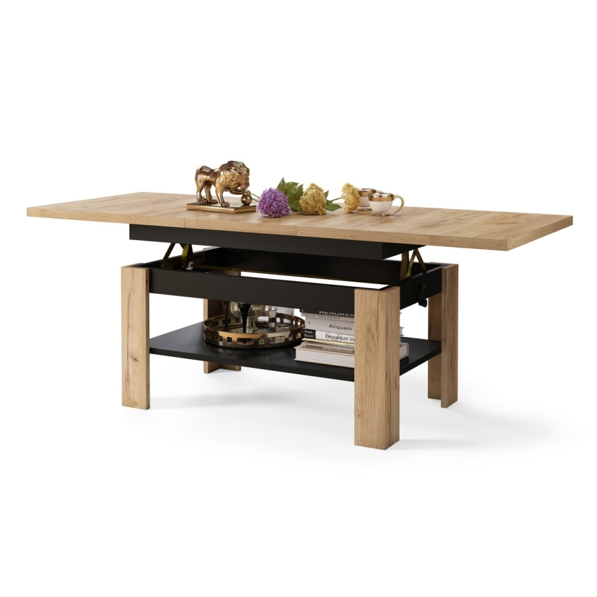 Ausziehbarer Couchtisch mit Hubfunktion ROY 130/170x65 cm Eiche Craft/Schwarz