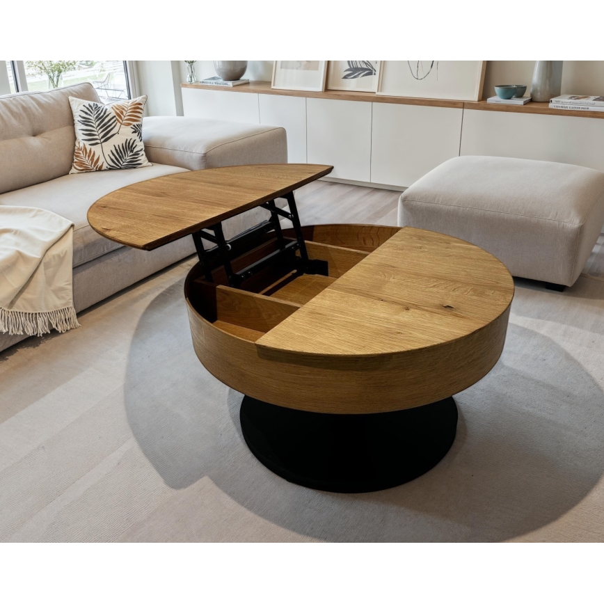 Ausziehbarer Couchtisch PURE mit Hebefunktion, Ø 80 cm, Eiche/Schwarz