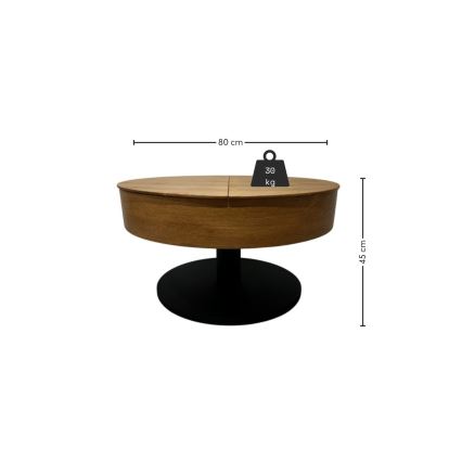 Ausziehbarer Couchtisch PURE mit Hebefunktion, Ø 80 cm, Eiche/Schwarz