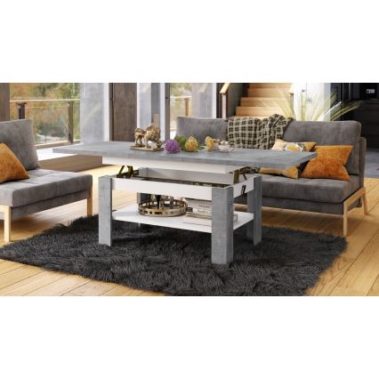 Ausziehbarer Couchtisch ROY 130/170x65 cm, Betongrau/Weiß, mit Hebefunktion