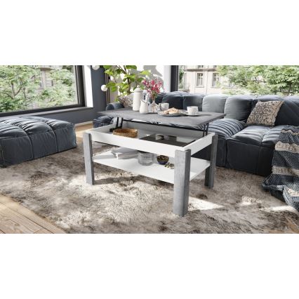 Ausziehbarer Couchtisch mit Hebefläche und Ablage ADEN in Betonoptik Grau/Weiß