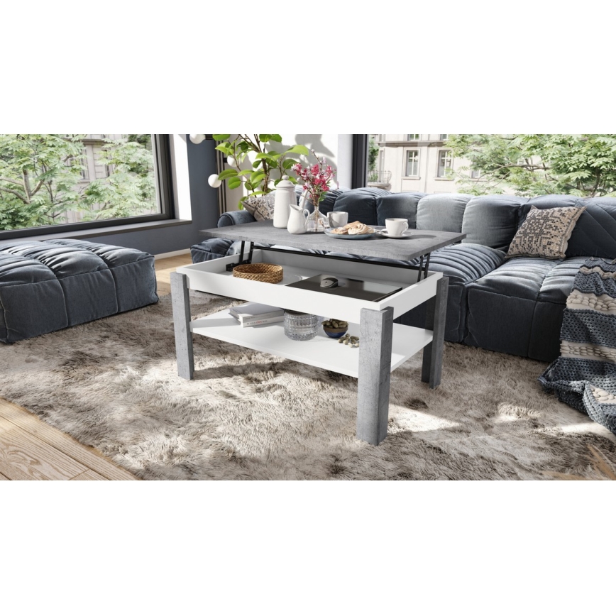 Ausziehbarer Couchtisch mit Hebefläche und Ablage ADEN in Betonoptik Grau/Weiß