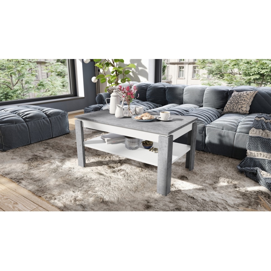 Ausziehbarer Couchtisch mit Hebefläche und Ablage ADEN in Betonoptik Grau/Weiß