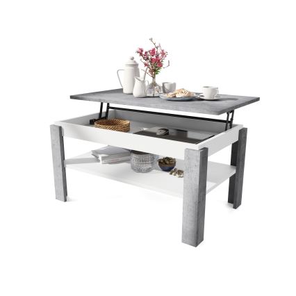 Ausziehbarer Couchtisch mit Hebefläche und Ablage ADEN in Betonoptik Grau/Weiß