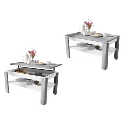 Ausziehbarer Couchtisch mit Hebefläche und Ablage ADEN in Betonoptik Grau/Weiß