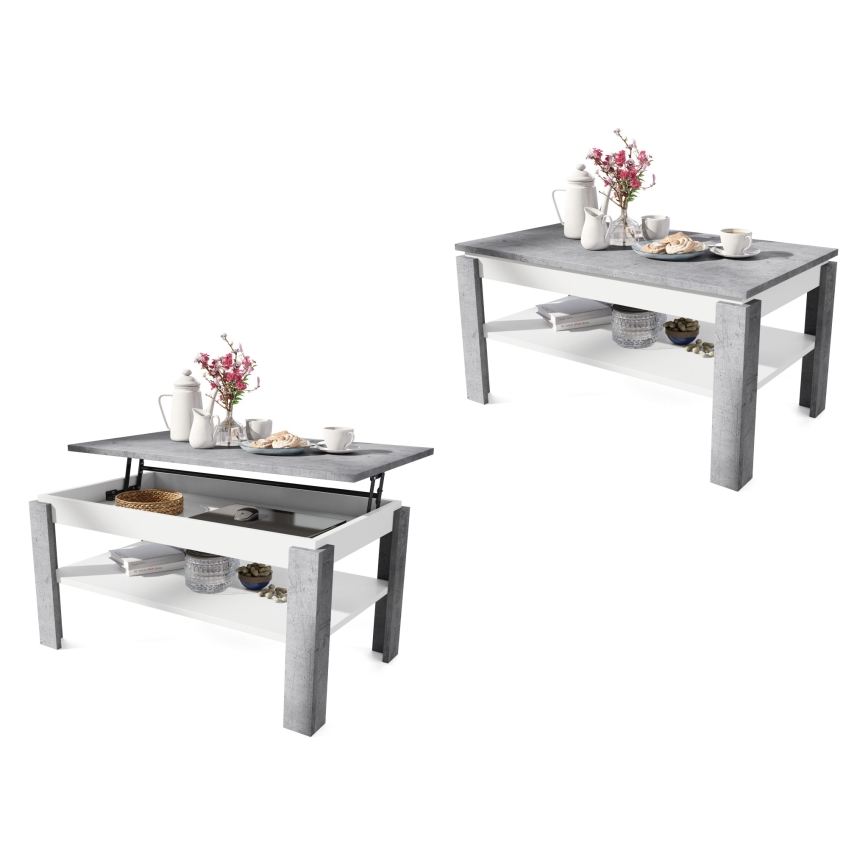Ausziehbarer Couchtisch mit Hebefläche und Ablage ADEN in Betonoptik Grau/Weiß