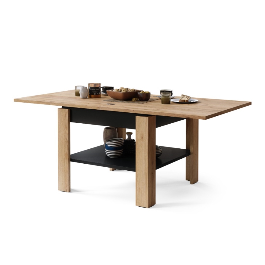 Ausziehbarer Konferenz- und Esstisch mit Ablagefach LIA Eiche Craft/Schwarz