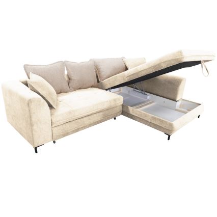 Ausziehbares Ecksofa LAGOA in L‑Form mit Schlaffunktion und Stauraum, rechts, Beige/Braun