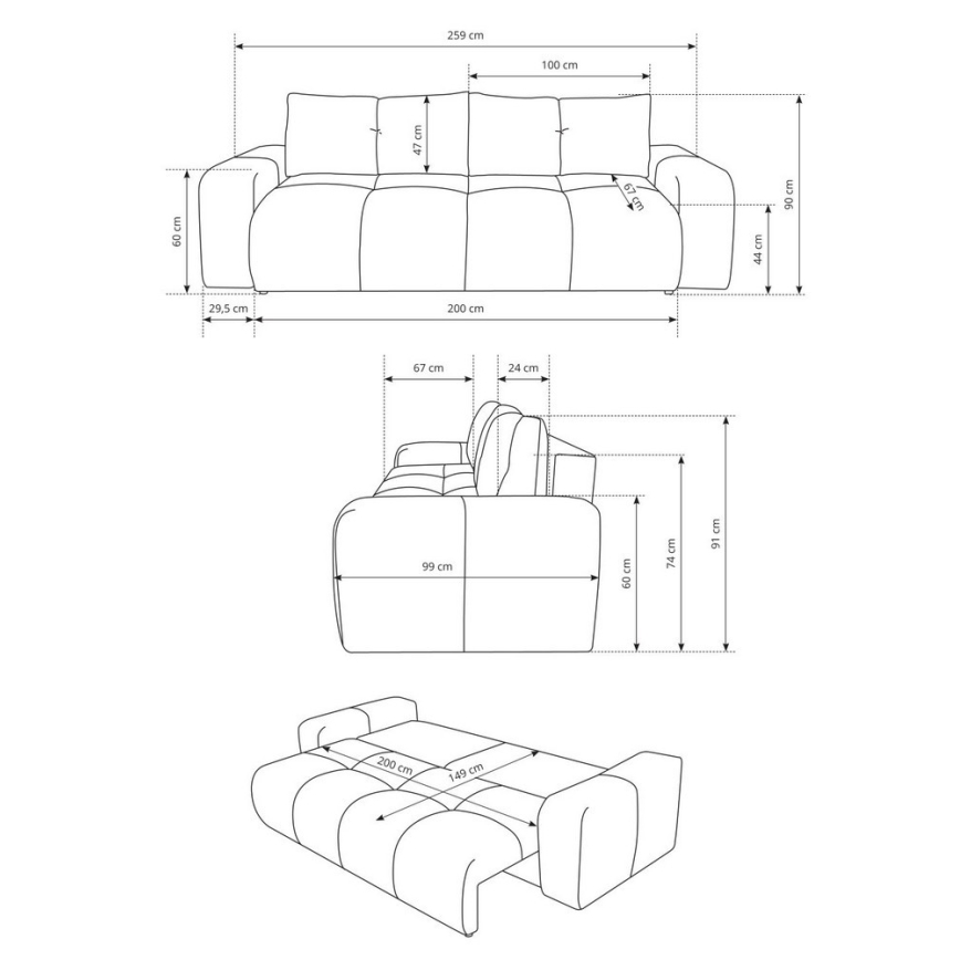Ausziehbares, gepolstertes 3‑Sitzer‑Sofa ALMADA mit Stauraum, beige