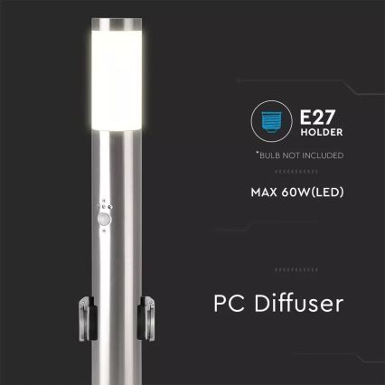 Auβenleuchte mit Sensor + 2 Steckdosen SCHUKO 1xE27/60W/230V IP44 60cm matt Chrom