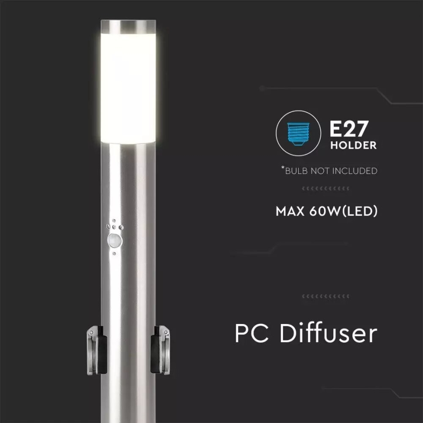 Auβenleuchte mit Sensor + 2 Steckdosen SCHUKO 1xE27/60W/230V IP44 60cm matt Chrom