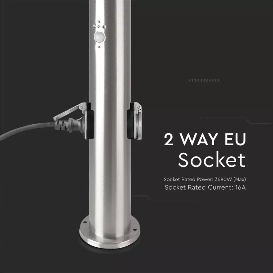 Auβenleuchte mit Sensor + 2 Steckdosen SCHUKO 1xE27/60W/230V IP44 60cm matt Chrom