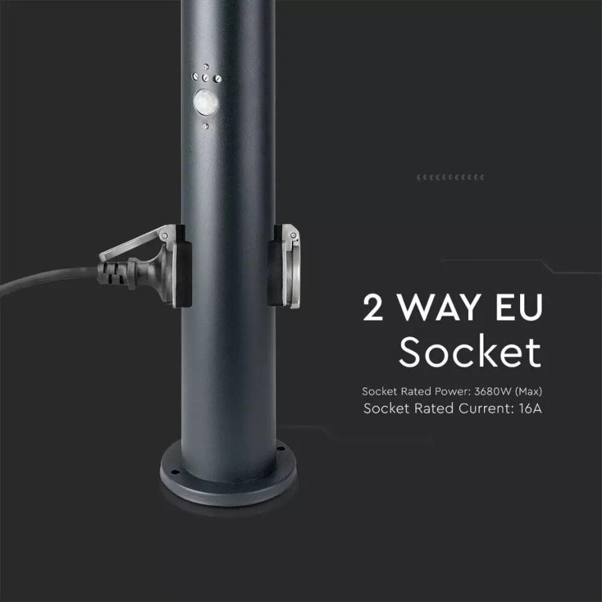Auβenleuchte mit Sensor und 2 Steckdosen SCHUKO 1xE27/60W/230V IP44 60cm anthrazit