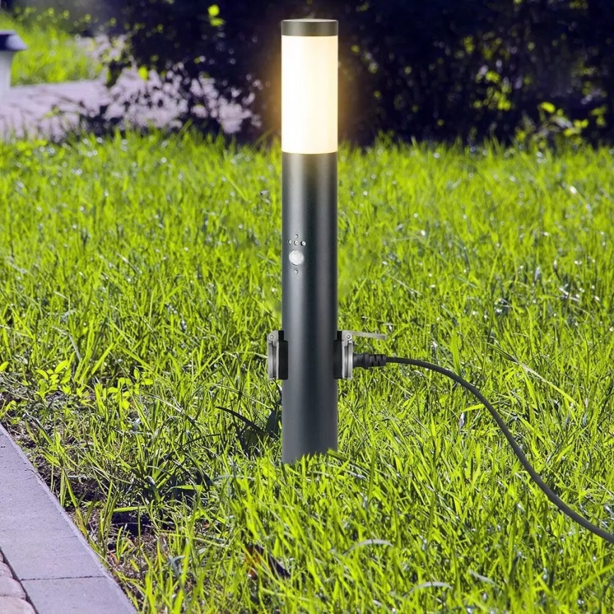 Auβenleuchte mit Sensor und 2 Steckdosen SCHUKO 1xE27/60W/230V IP44 60cm anthrazit