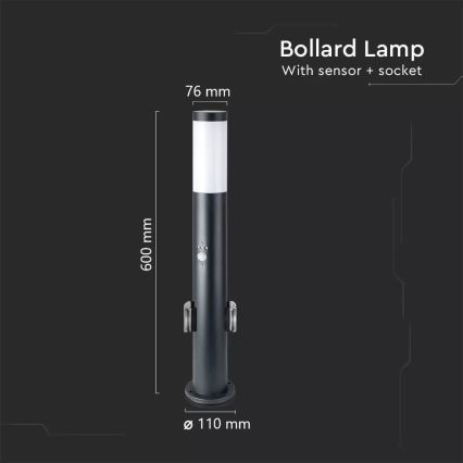 Auβenleuchte mit Sensor und 2 Steckdosen SCHUKO 1xE27/60W/230V IP44 60cm anthrazit