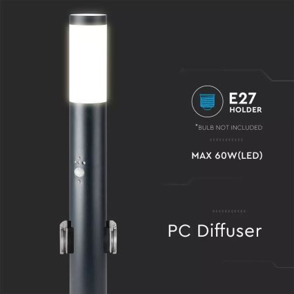Auβenleuchte mit Sensor und 2 Steckdosen SCHUKO 1xE27/60W/230V IP44 60cm schwarz