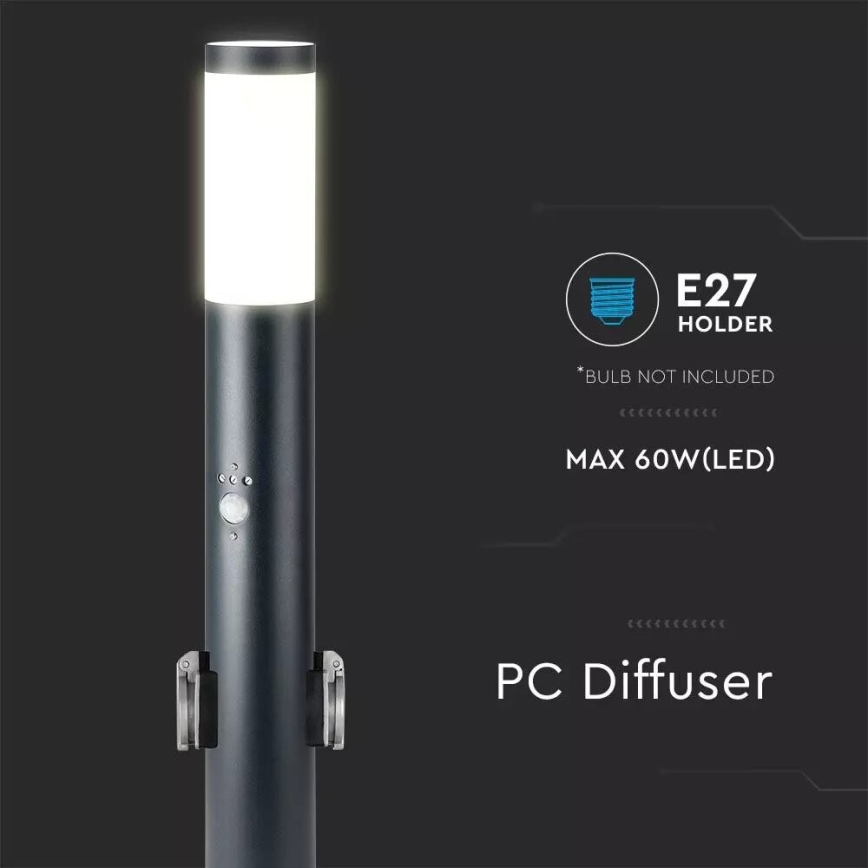 Auβenleuchte mit Sensor und 2 Steckdosen SCHUKO 1xE27/60W/230V IP44 60cm schwarz