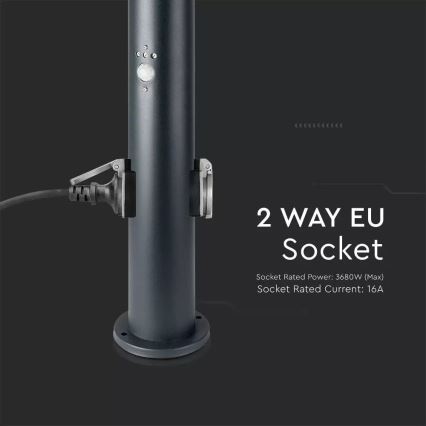 Auβenleuchte mit Sensor und 2 Steckdosen SCHUKO 1xE27/60W/230V IP44 60cm schwarz