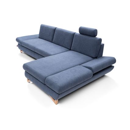 Ausziehbare, gepolsterte Eckgarnitur AVESTA in L‑Form mit Stauraum, rechts, blau
