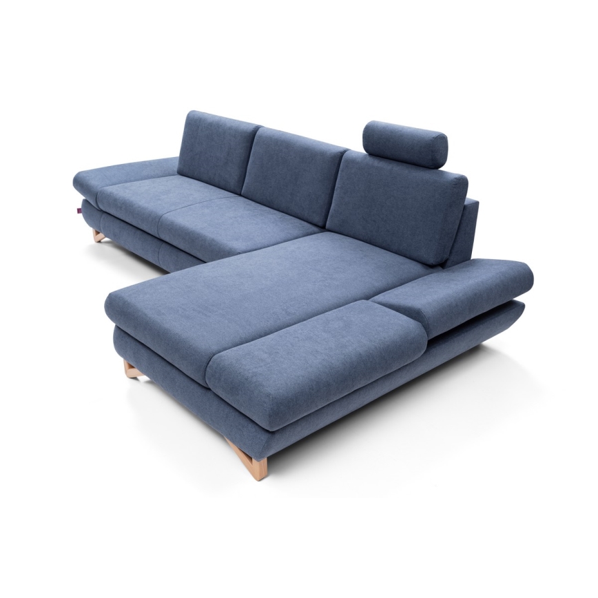 Ausziehbare, gepolsterte Eckgarnitur AVESTA in L‑Form mit Stauraum, rechts, blau