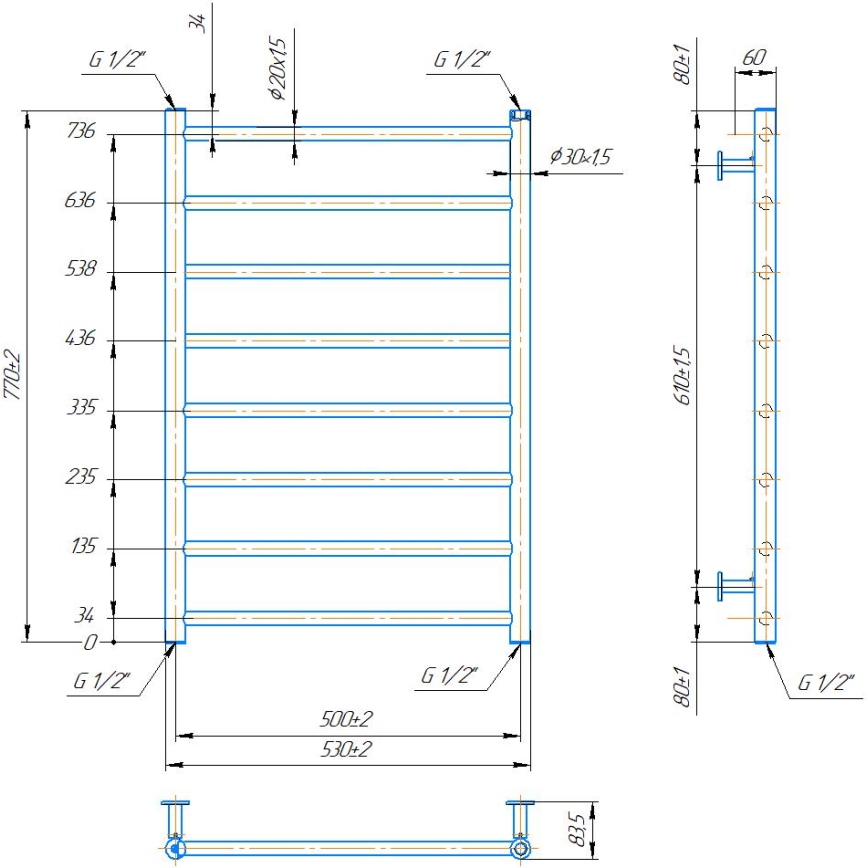 Bad-Handtuchheizkörper INOX FLAT 163W/230V 77x53 cm Edelstahl/Anthrazit