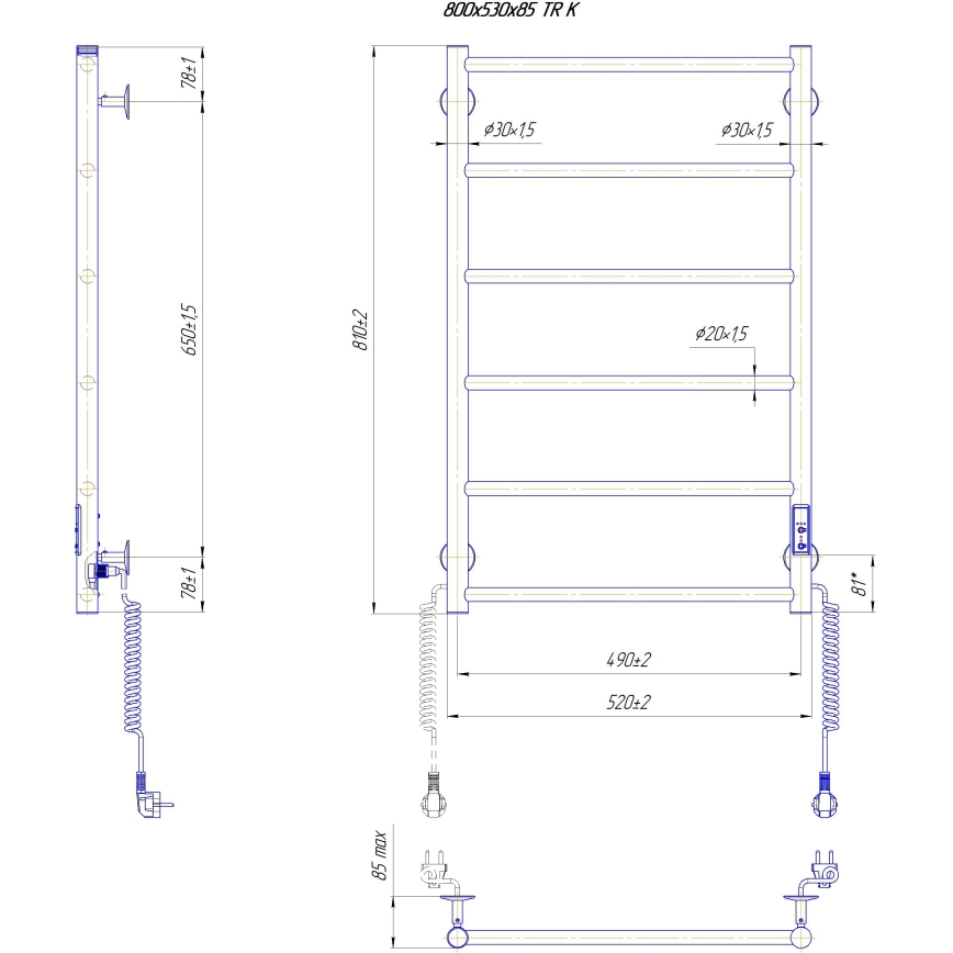 Badezimmer-Handtuchheizkörper CLASSIC 110W/230V 81x52 cm Edelstahl/weiß rechts