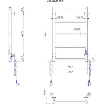 Badezimmer-Leiterheizkörper CLASSIC 65W/230V 66x42 cm Edelstahl/glänzender Chrom rechts