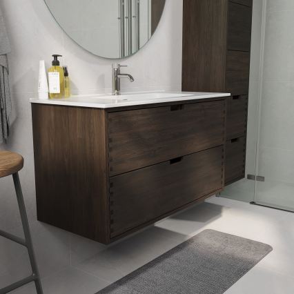 Badezimmer-Unterschrank mit Waschbecken GRIBSKOV 100 cm, Braun/Eiche/Weiß