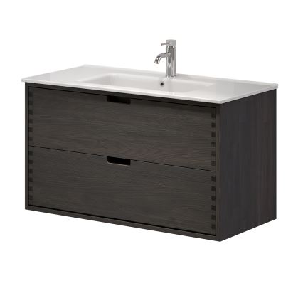 Badezimmer-Unterschrank mit Waschbecken GRIBSKOV 100 cm, Braun/Eiche/Weiß