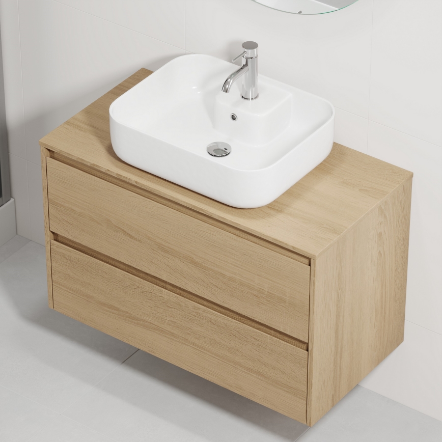 Badezimmerschrank mit Waschbecken TRONDHEIM/KRISTIANSAND 90x57x46 cm Eiche/Weiß