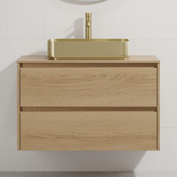 Badezimmerschrank mit Waschbecken TRONDHEIM/LJORDAL 90x57x46 cm Eiche/Messing