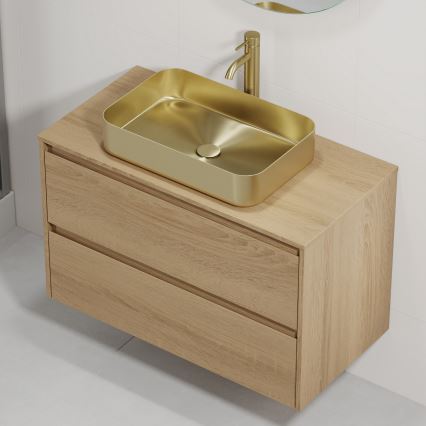 Badezimmerschrank mit Waschbecken TRONDHEIM/LJORDAL 90x57x46 cm Eiche/Messing
