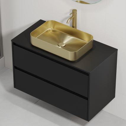 Badezimmerschrank mit Waschbecken TRONDHEIM/LJORDAL 90x57x46 cm schwarz/messing