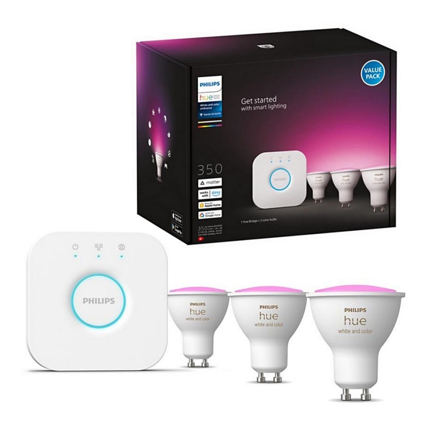 Basis-Set Philips Hue WHITE AND COLOR AMBIANCE 3xGU10/5,7W/230V 2000-6500K + Verbindungsgerät