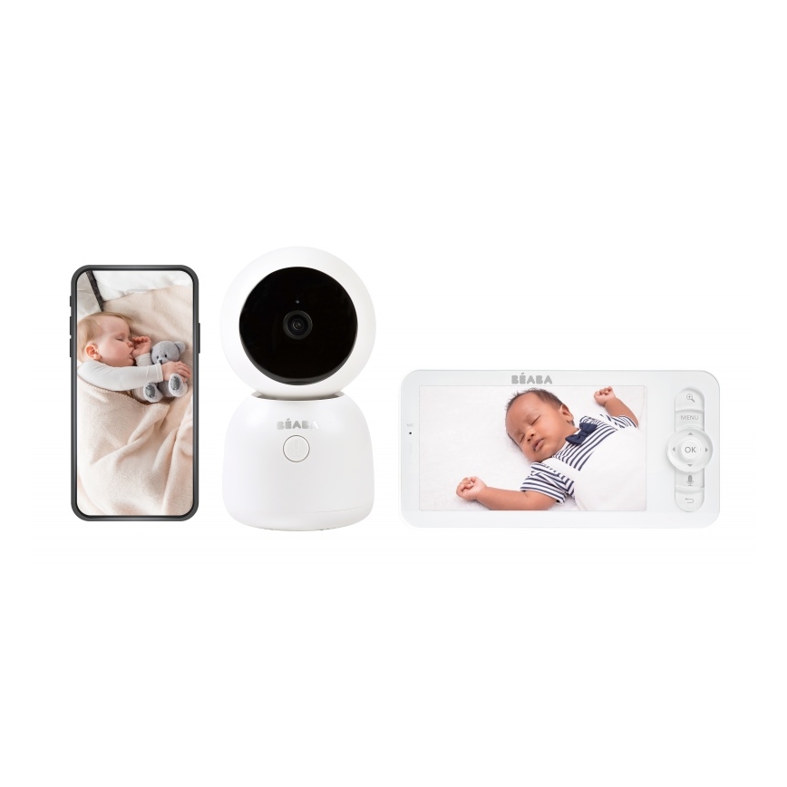 Beaba - Intelligentes, wiederaufladbares Babyphone mit Monitor ZEN NIGHT, 720p, 5 V, 4000 mAh, Wi-Fi, weiß
